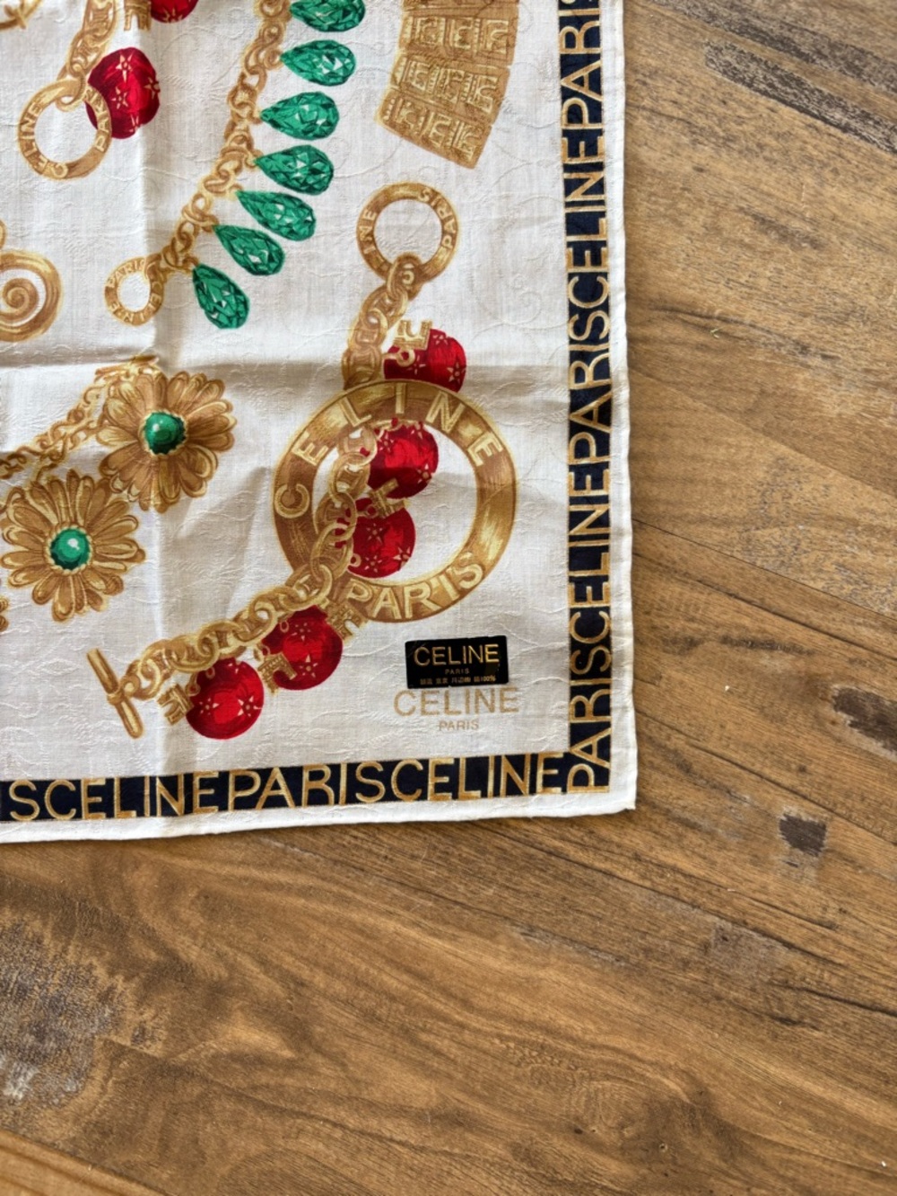 Celine White Silk Scarf with Gold, Red and Green Jewel Motif